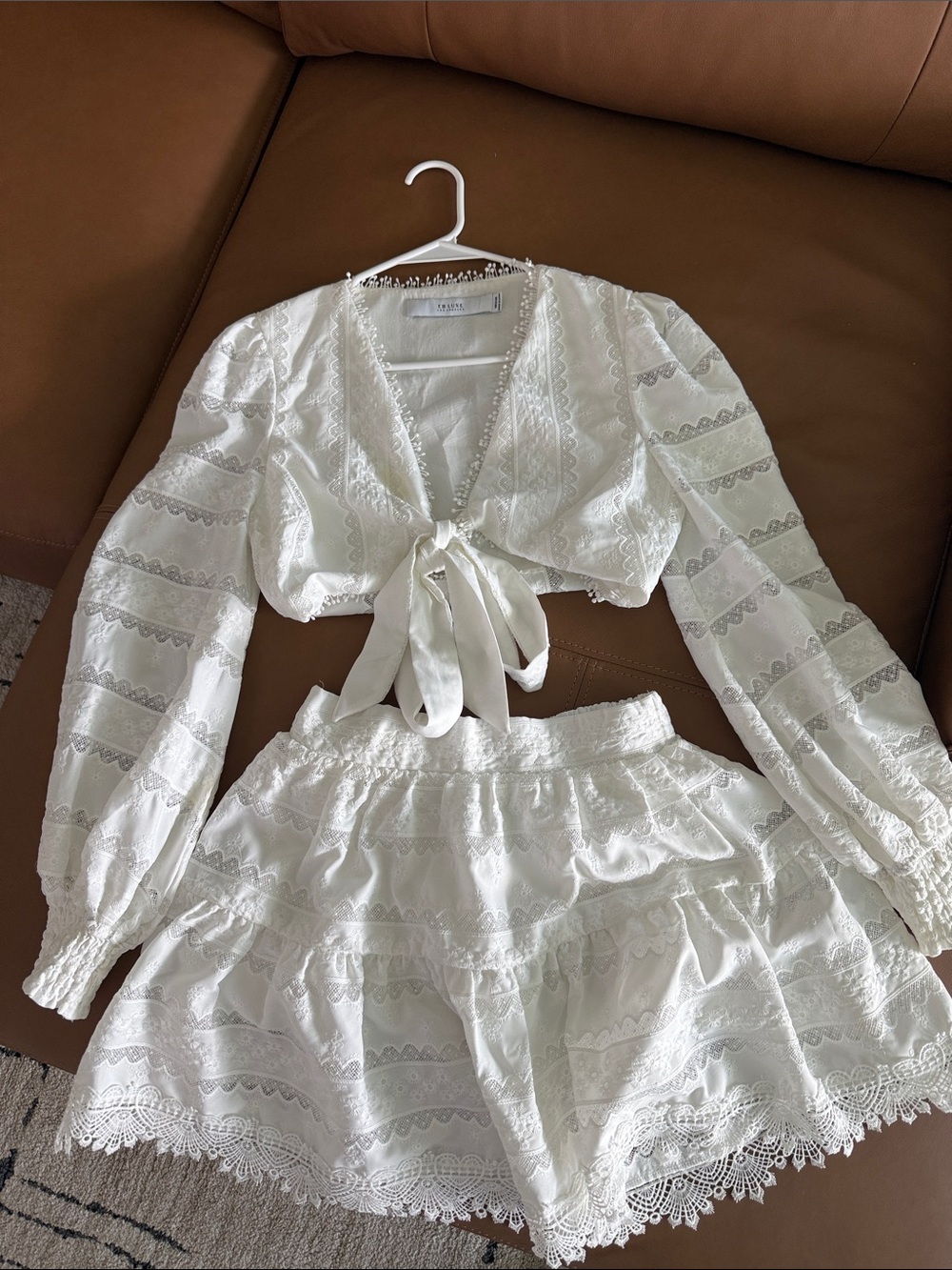 White Lace Tie-Front Crop Top & Skirt Set